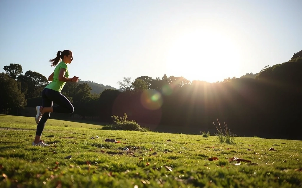 Persona haciendo ejercicio al aire libre, con un sol brillante de fondo, representando la energía natural.