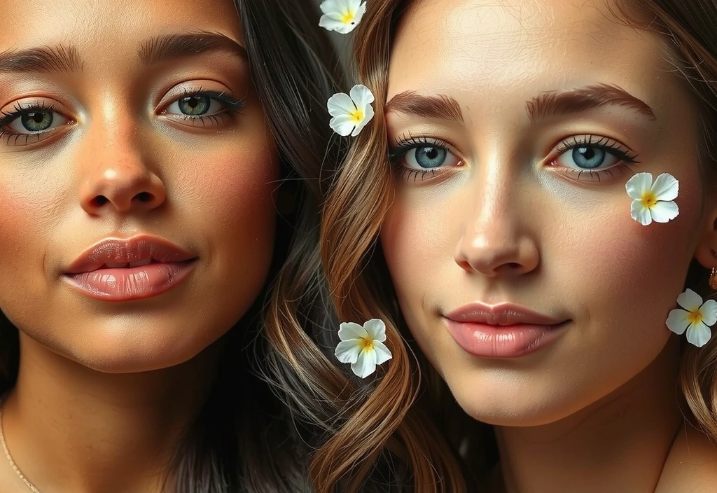 Piel radiante y cabello brillante, con elementos florales, representando la belleza natural.