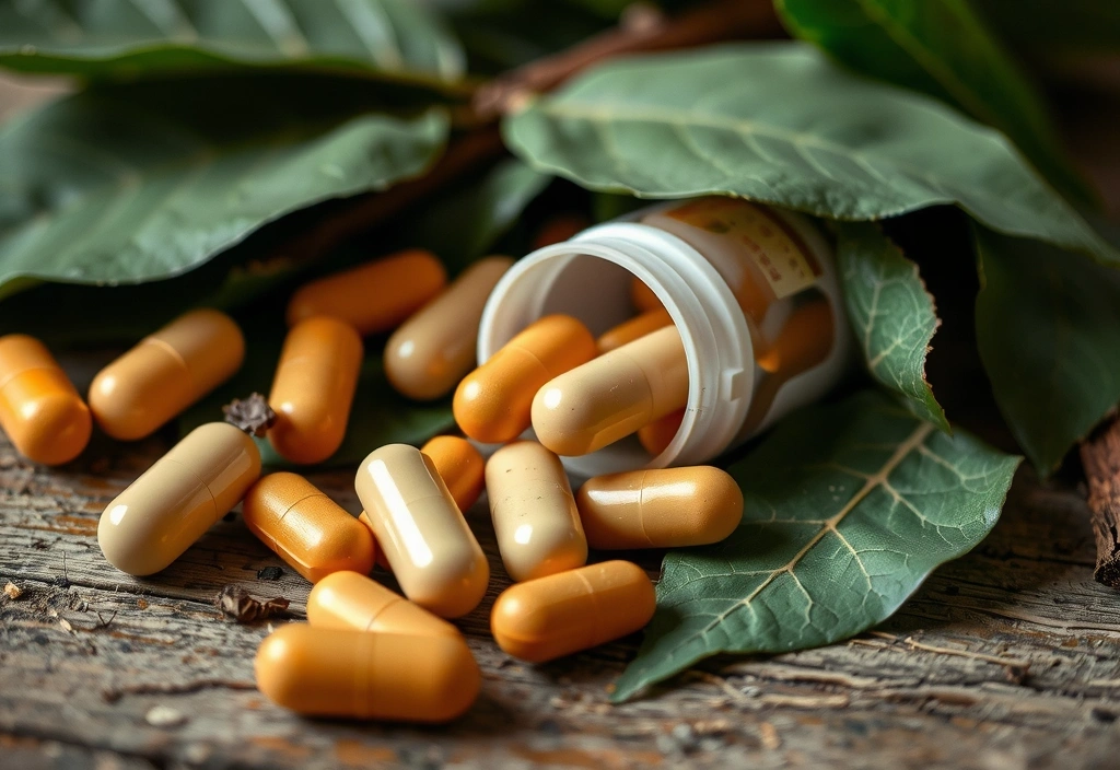 Ashwagandha en cápsulas con hojas de la planta