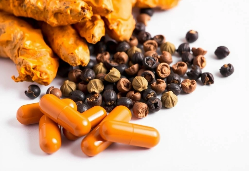 Curcumina con Pimienta Negra en cápsulas sobre cúrcuma fresca