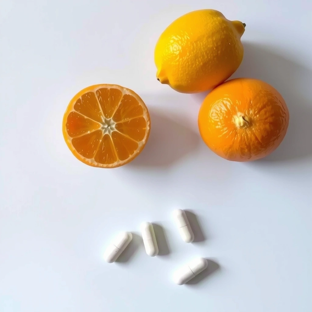 Cápsulas de vitamina C y cítricos frescos