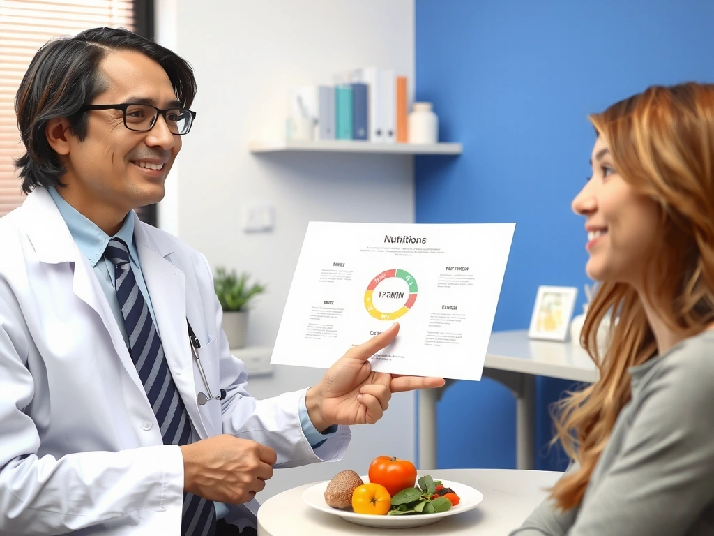 Un profesional de la salud explicando la importancia de la nutrición a un paciente, enfatizando la consulta médica.