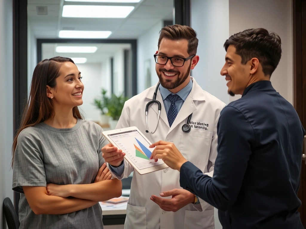 Doctor explicando la dosificación de vitaminas a un paciente en un entorno clínico moderno.