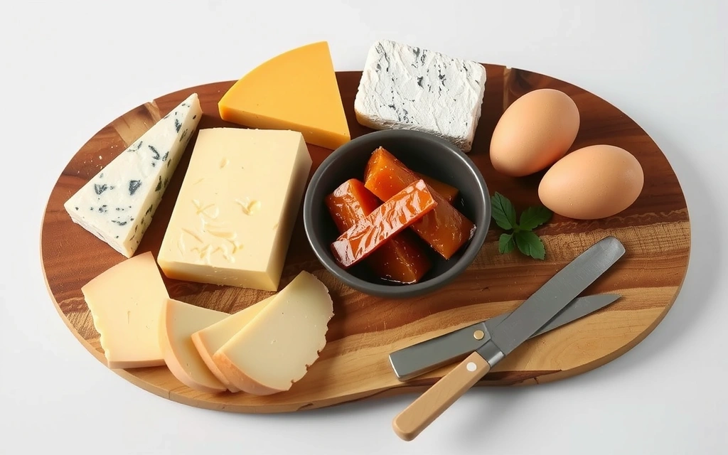 Variedad de quesos curados, natto en un bol y huevos, representando fuentes de Vitamina K2.