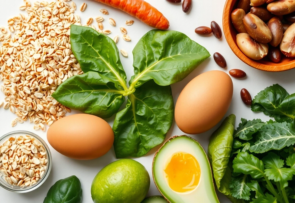 Conjunto de alimentos ricos en Vitaminasnaturalesplus B, como cereales integrales y legumbres.