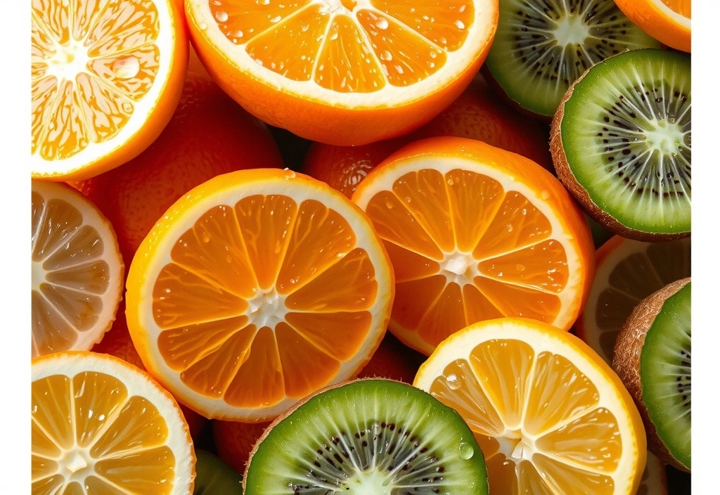 Cítricos frescos como naranjas y kiwis, fuentes de Vitamina C.