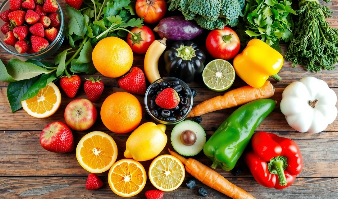 Variedad de frutas y verduras frescas, ricas en vitaminas esenciales.